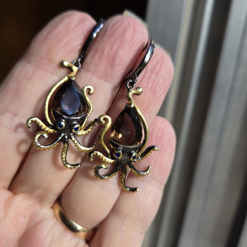 Smokey Quartz & Sapphire Sterling Gold & Rhodium Octopus π Earrings - Picture 3 of 7